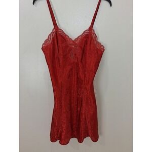 Vintage Adonna Size M Lingerie Nightie Cherry Red Lace Trim Slip Dress Floral‎